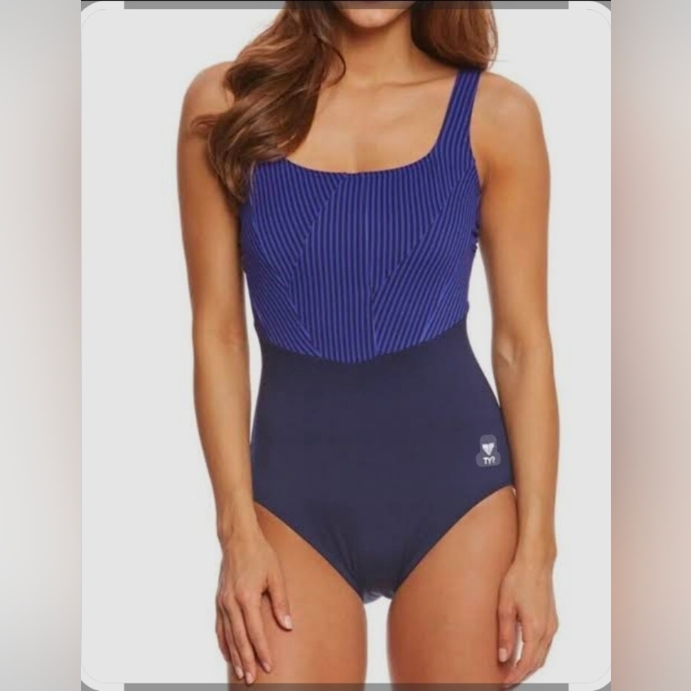 TYR Monroe Straight Neck Control Fit Navy/blue 1 Piece Bathing Suit Sz 10 New